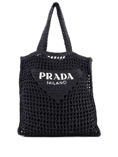 Pre-owned Prada Triangle Logo Open Raffia Tote Bag In Black