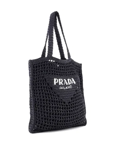 Pre-owned Prada Triangle Logo Open Raffia Tote Bag In Black