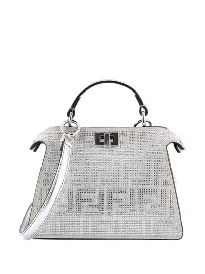 Pre-owned Fendi Peekaboo Iseeu Bag Zucca Crystal Embellished Suede Petite Satchel In Silver
