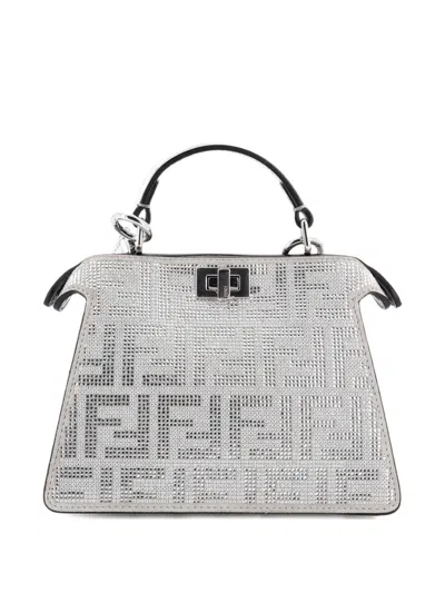 Pre-owned Fendi Peekaboo Iseeu Bag Zucca Crystal Embellished Suede Petite Satchel In Silver
