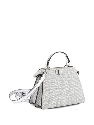 Pre-owned Fendi Peekaboo Iseeu Bag Zucca Crystal Embellished Suede Petite Satchel In Silver