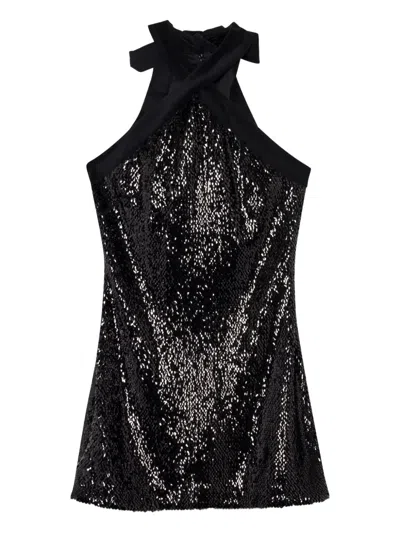 Simkhai Isla Velvet-trimmed Sequined Jersey Halterneck Mini Dress In Black