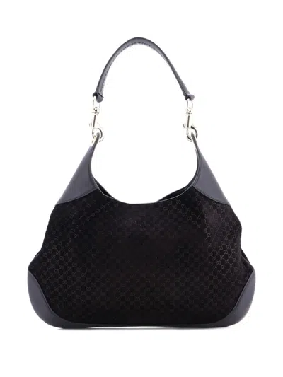 Pre-owned Gucci B Gg Suede Medium Shoulder Bag In Black