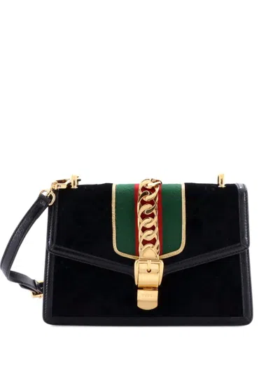 Pre-owned Gucci Sylvie Shoulder Bag Gg Velvet Small Crossbody Bag In Black