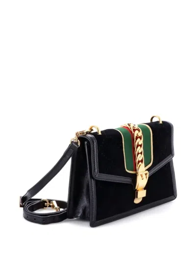 Pre-owned Gucci Sylvie Shoulder Bag Gg Velvet Small Crossbody Bag In Black
