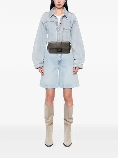 Pre-owned Fendi 2000-2010 Leather Selleria Convertible Baguette Satchel In Gray