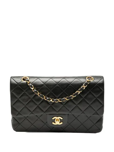 Pre-owned Chanel 1986-1988 Medium Classic Lambskin Double Flap Shoulder Bag In Black