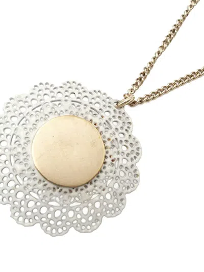 Pre-owned Chanel 2015 Gold Plated Cc Faux Pearl Lace Pendant Necklace Costume Necklace In White