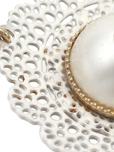 Pre-owned Chanel 2015 Gold Plated Cc Faux Pearl Lace Pendant Necklace Costume Necklace In White