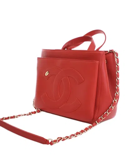 Pre-owned Chanel 2019 Small Lambskin Cc Mania Shopping Tote Satchel In Red