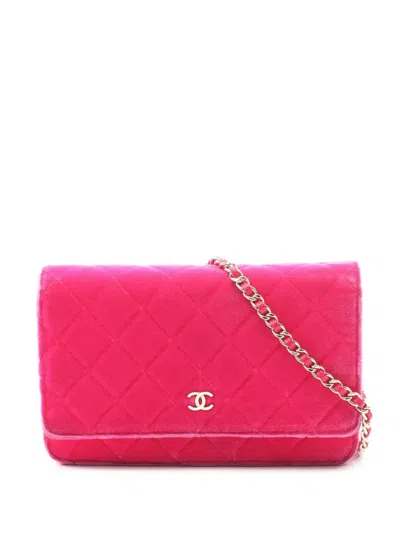 Pre-owned Chanel 2015-2016 Cc Quilted Velvet Wallet On Chain Crossbody Bag In Pink