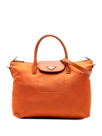 Pre-owned Prada 2013-2025 Saffiano Trimmed Tessuto Satchel In Orange