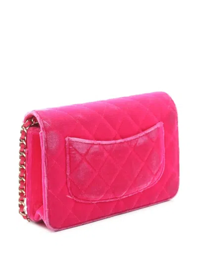 Pre-owned Chanel 2015-2016 Cc Quilted Velvet Wallet On Chain Crossbody Bag In Pink