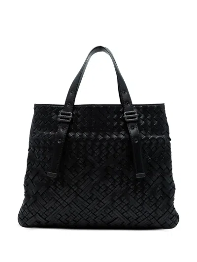 Pre-owned Bottega Veneta 2012-2025 Nappa Intrecciato Belted Flat Tote Bag In Black