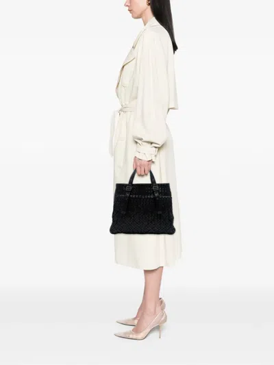 Pre-owned Bottega Veneta 2012-2025 Nappa Intrecciato Belted Flat Tote Bag In Black