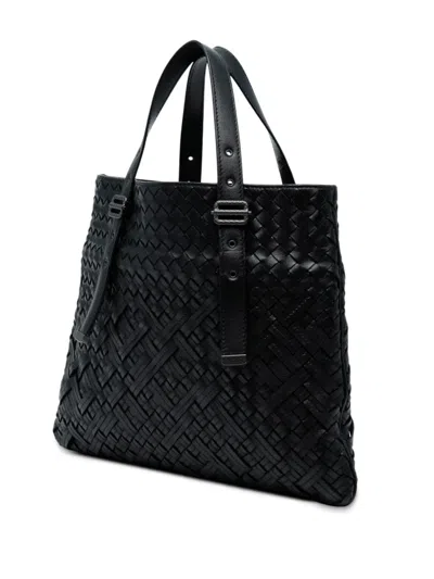 Pre-owned Bottega Veneta 2012-2025 Nappa Intrecciato Belted Flat Tote Bag In Black