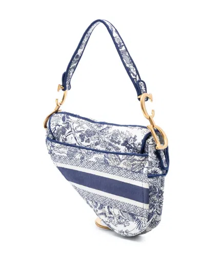 Pre-owned Dior 2020 Canvas Embroidered Toile De Jouy Saddle Bag Shoulder Bag In Blue