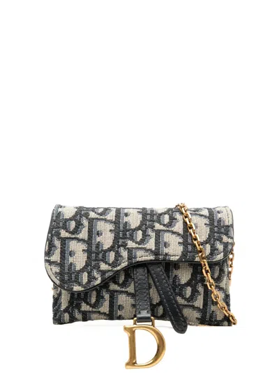 Pre-owned Dior 2020 Nano Oblique Canvas Saddle Chain Pouch Crossbody Bag In Blue