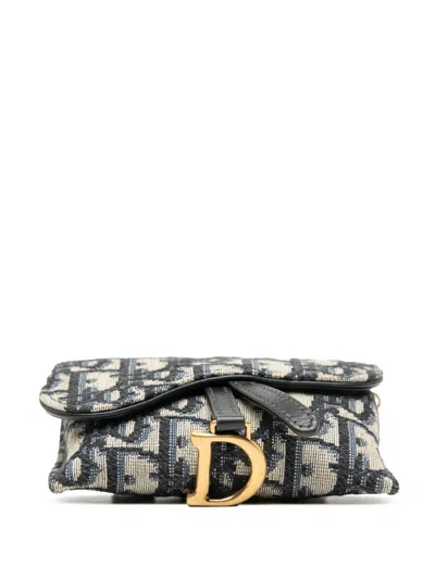 Pre-owned Dior 2020 Nano Oblique Canvas Saddle Chain Pouch Crossbody Bag In Blue