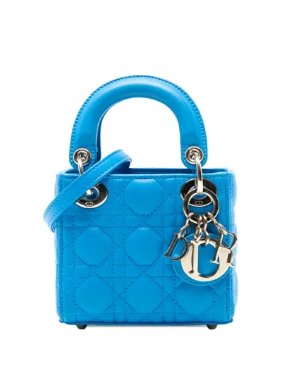 Pre-owned Dior 2021 Micro Lambskin Cannage Lady  Satchel In Blue