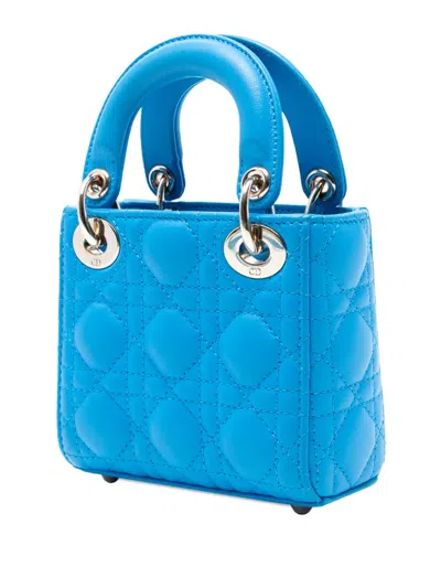 Pre-owned Dior 2021 Micro Lambskin Cannage Lady  Satchel In Blue