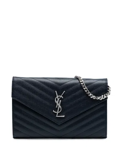 Pre-owned Saint Laurent 2018 Grain De Poudre Matelasse Chevron Monogram Chain Wallet Crossbody Bag In Blue