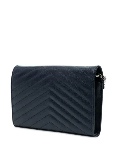 Pre-owned Saint Laurent 2018 Grain De Poudre Matelasse Chevron Monogram Chain Wallet Crossbody Bag In Blue