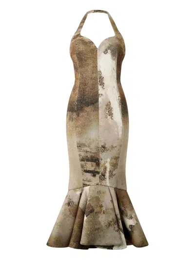 Roberto Cavalli Marble-print Midi Dress In Neutral