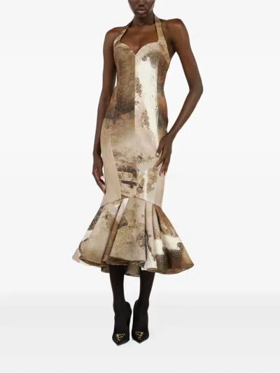 Roberto Cavalli Marble-print Midi Dress In Neutral