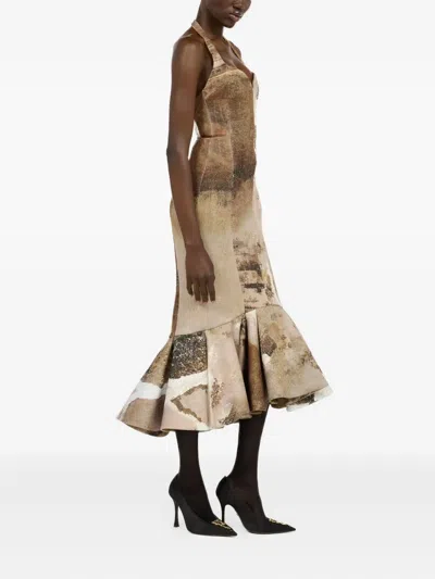 Roberto Cavalli Marble-print Midi Dress In Neutral