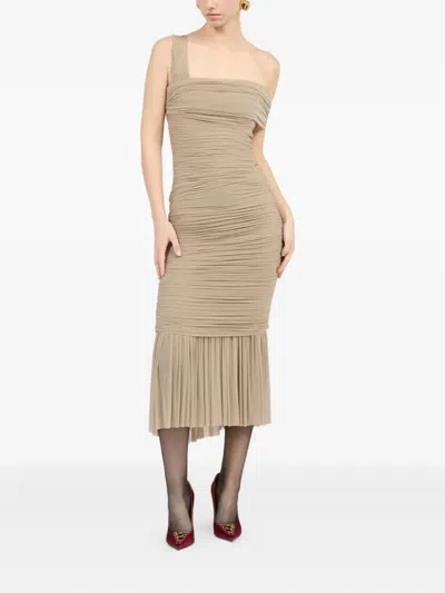 Roberto Cavalli Ruffled One-shoulder Midi Dress In Neutral