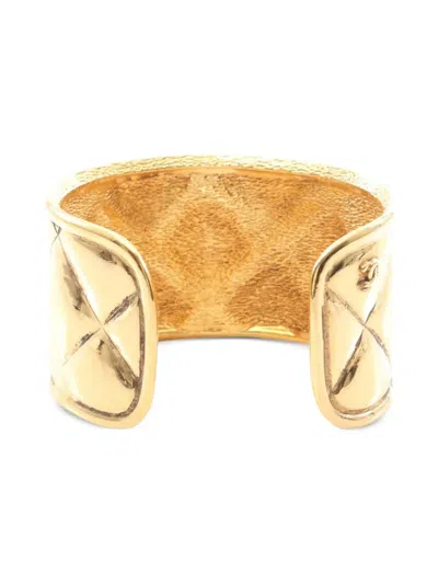 Pre-owned Chanel 1970-1980 Cc Gold Plated Quilted Wide Cuff Bracelet Costume Bracelet