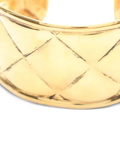 Pre-owned Chanel 1970-1980 Cc Gold Plated Quilted Wide Cuff Bracelet Costume Bracelet