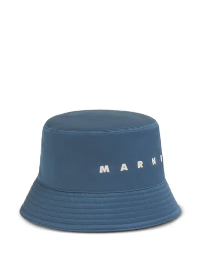 Marni Embroidered-lettering Bucket Hat In Blue