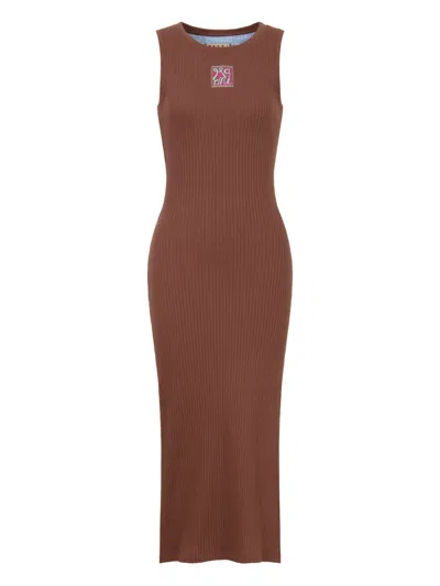 Marni Ribbed Logo-patch Midi Dress In Brown