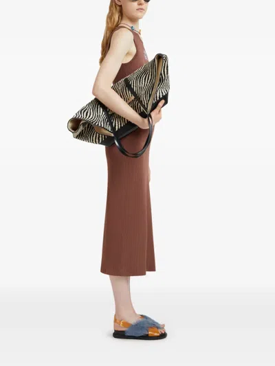 Marni Ribbed Logo-patch Midi Dress In Brown