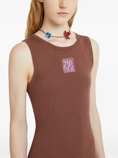 Marni Ribbed Logo-patch Midi Dress In Brown