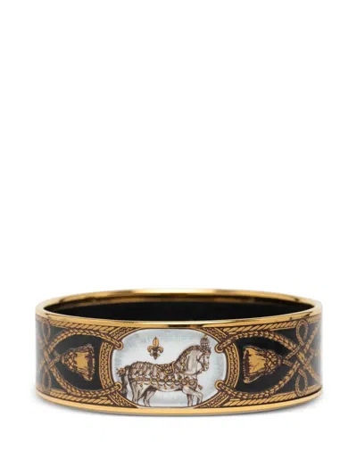 Pre-owned Hermes 2000-2010 Wide Grand Apparat Horse Enamel Bangle 65 Costume Bracelet In Black