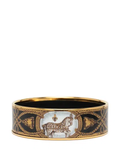 Pre-owned Hermes 2000-2010 Wide Grand Apparat Horse Enamel Bangle 65 Costume Bracelet In Black