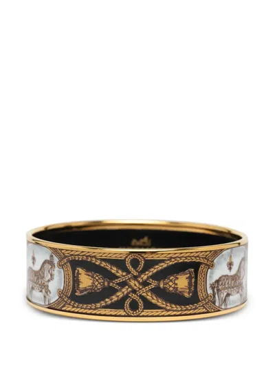 Pre-owned Hermes 2000-2010 Wide Grand Apparat Horse Enamel Bangle 65 Costume Bracelet In Black