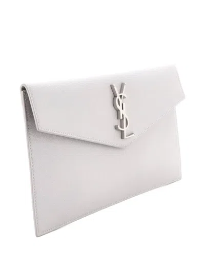 Pre-owned Saint Laurent Uptown Pouch Leather Clutch Bag In Gray