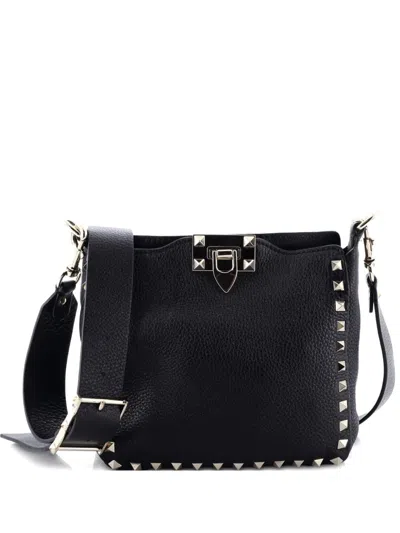 Pre-owned Valentino Garavani Rockstud Flip Lock Messenger Bag Leather Mini Crossbody Bag In Black