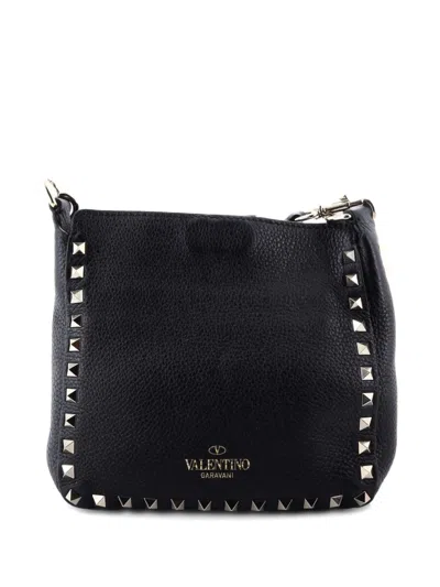 Pre-owned Valentino Garavani Rockstud Flip Lock Messenger Bag Leather Mini Crossbody Bag In Black