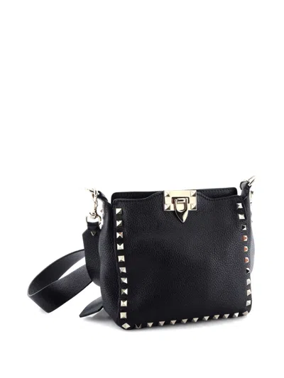 Pre-owned Valentino Garavani Rockstud Flip Lock Messenger Bag Leather Mini Crossbody Bag In Black