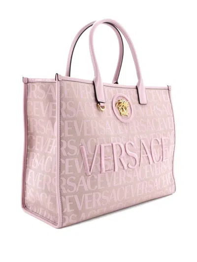 Pre-owned Versace La Medusa All Over Logo Canvas Large Tote Bag In Pink