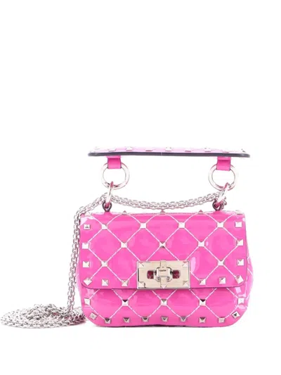 Pre-owned Valentino Garavani Rockstud Spike Flap Bag Quilted Patent Micro Crossbody Bag In Pink