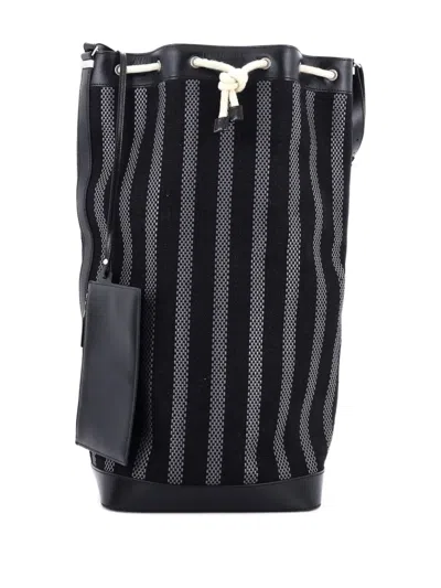 Pre-owned Saint Laurent Sport Striped Canvas And Leather Bucket Bag In Black