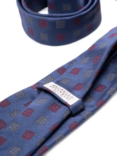 Brunello Cucinelli Square-pattern Silk Tie In Blue