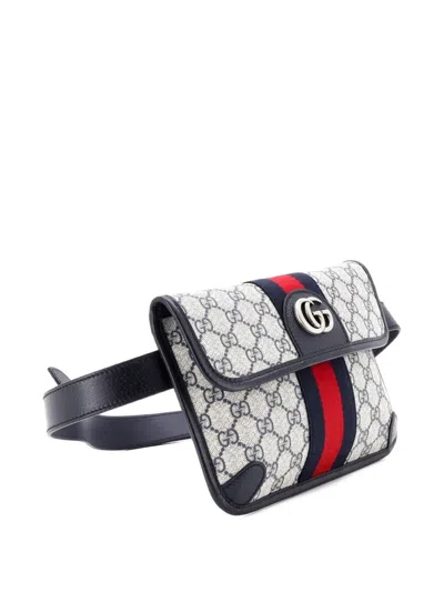 Pre-owned Gucci Ophidia Flap Gg Coated Canvas With Leather Belt Bag In Blue