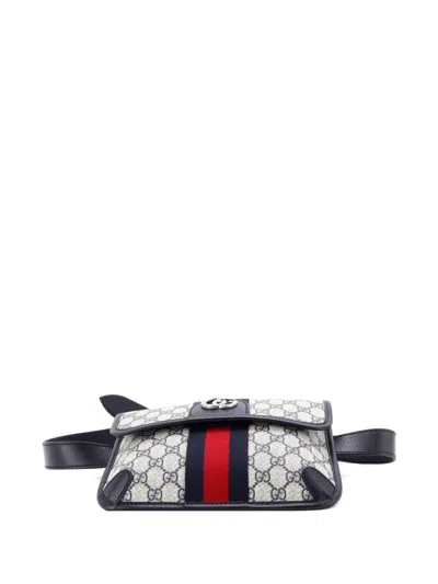 Pre-owned Gucci Ophidia Flap Gg Coated Canvas With Leather Belt Bag In Blue